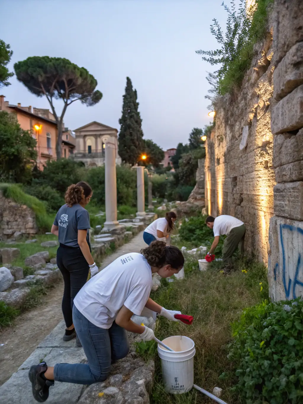 A photograph depicting volunteers meticulously cleaning and restoring an ancient Roman artifact at an archaeological dig site near Salon-de-Provence, showcasing the association's commitment to preserving local historical heritage.