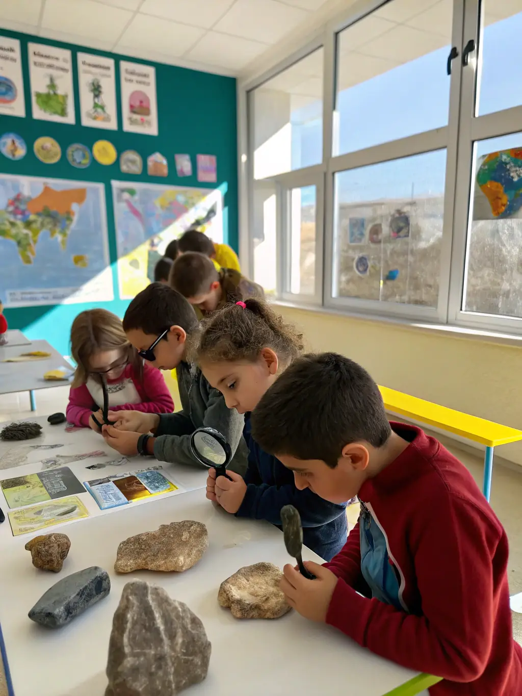 A vibrant image showing children participating in an educational workshop at the Musée de Salon et la Crau, learning about local flora and fauna and engaging in hands-on activities.
