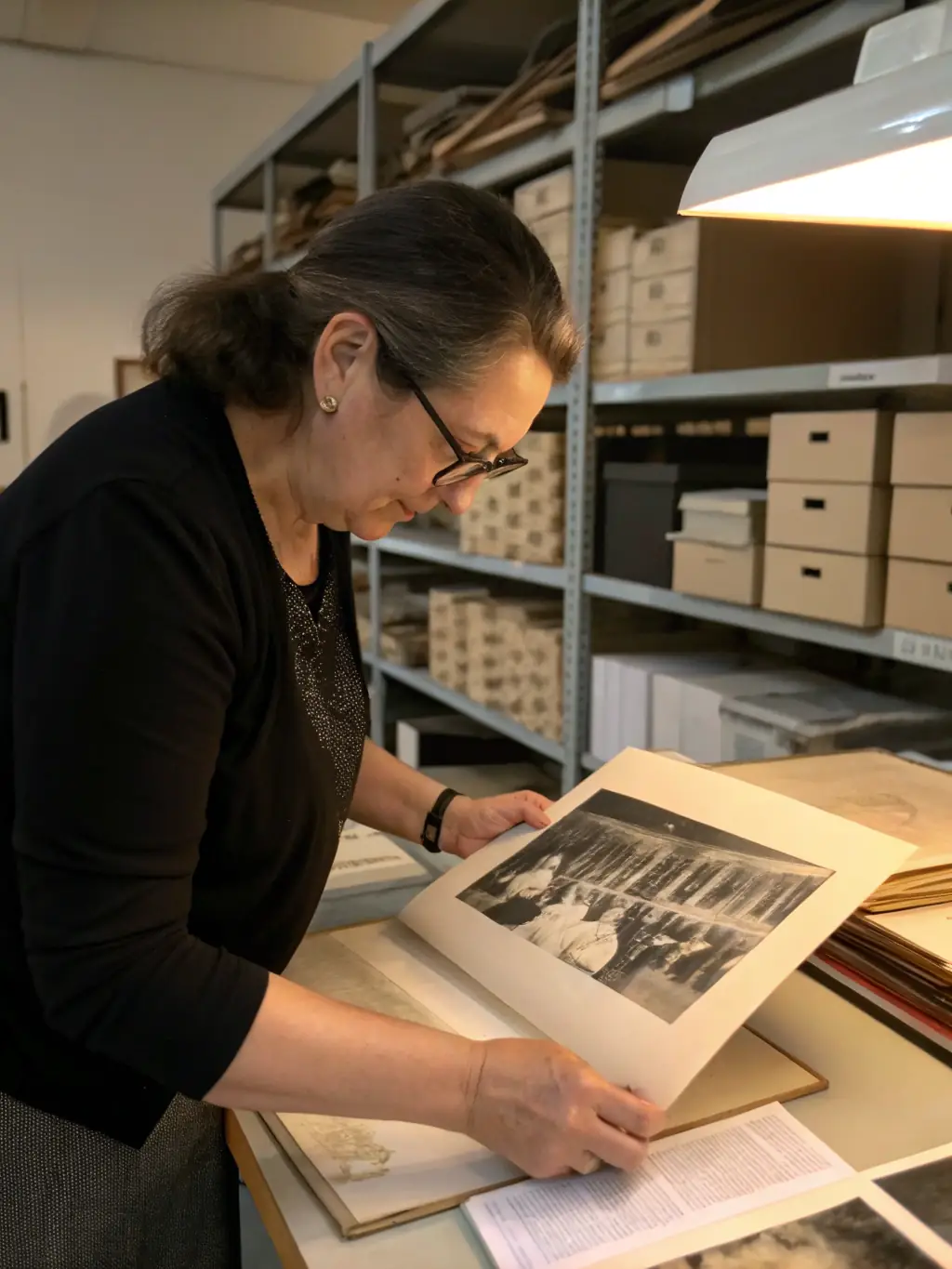 A photo of volunteers working in the museum archives, carefully cataloging and preserving historical documents and photographs related to the region's history.
