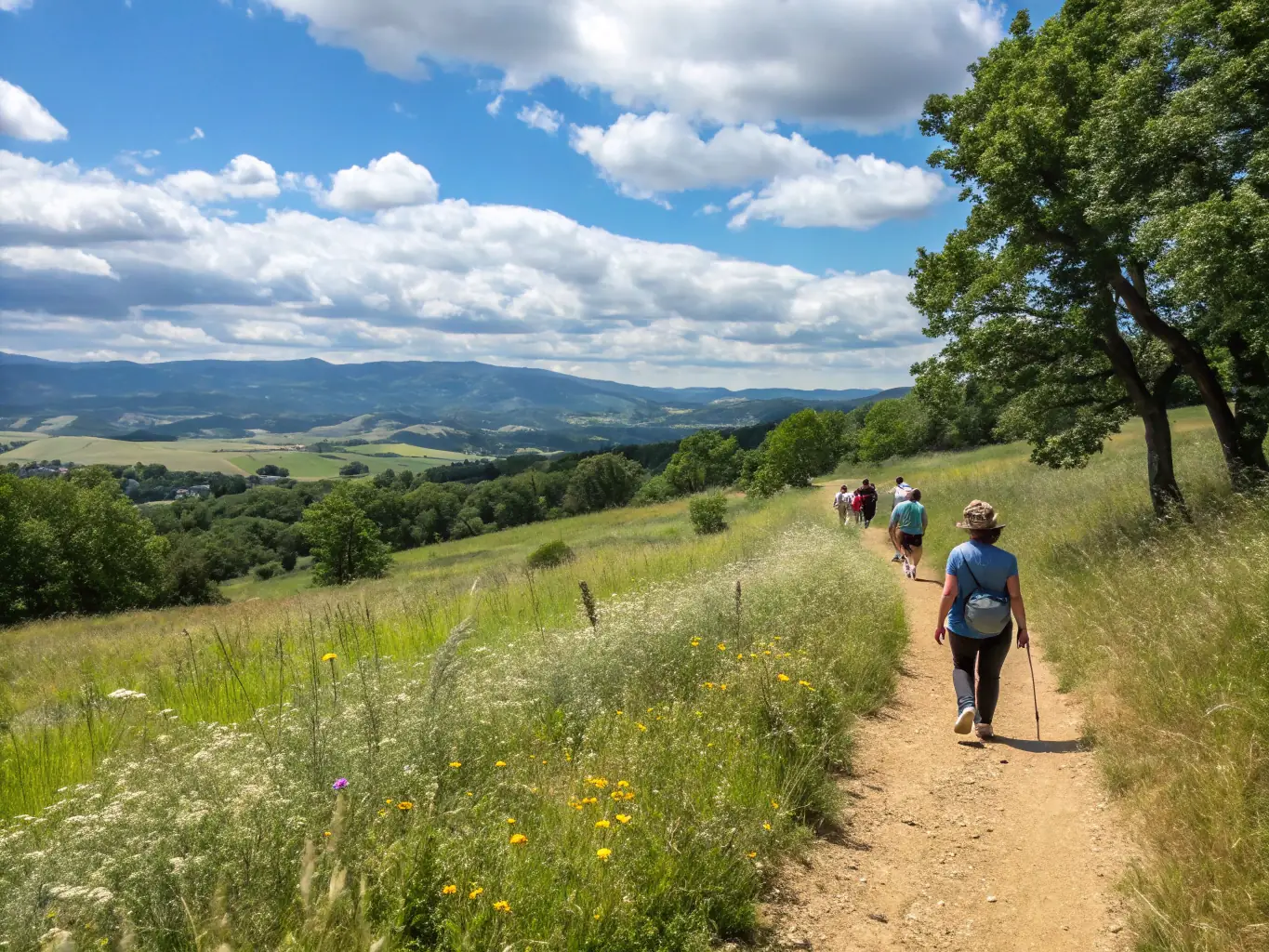 A scenic photograph of a guided nature walk through the Crau plain, led by a knowledgeable environmental expert, highlighting the unique biodiversity and ecological significance of the region.
