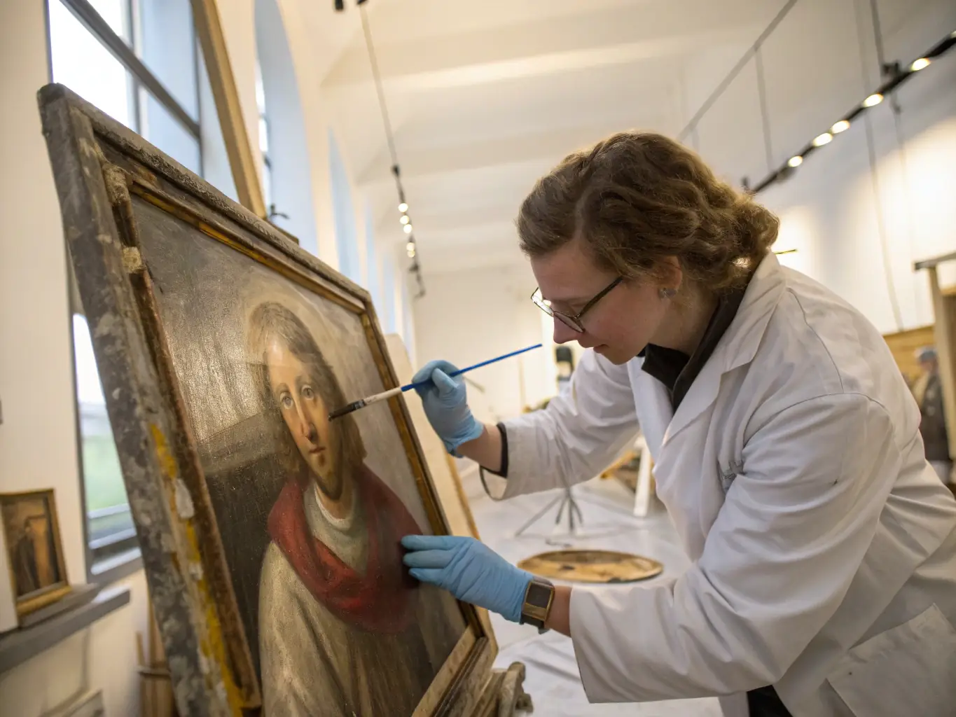 A picturesque image of volunteers meticulously cleaning and restoring an antique painting inside the Musée de Salon et la Crau, showcasing the delicate work involved in preserving historical artifacts.