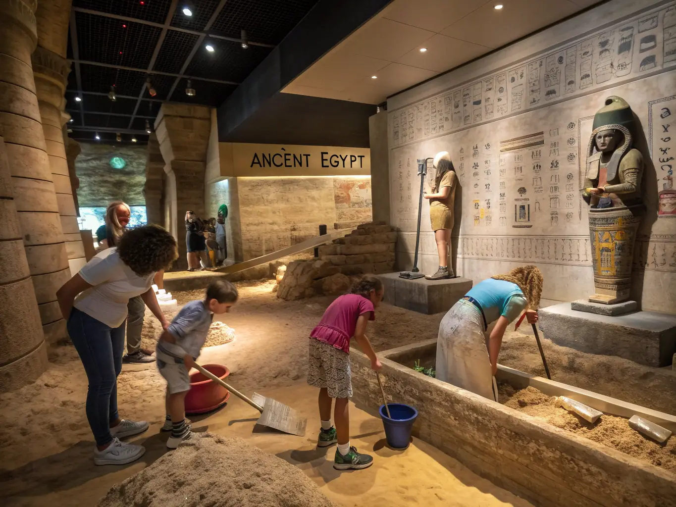 A vibrant photograph capturing a group of children participating in an interactive archaeology workshop at the Musée de Salon et la Crau, digging for replica artifacts in a sandpit under the supervision of museum staff.